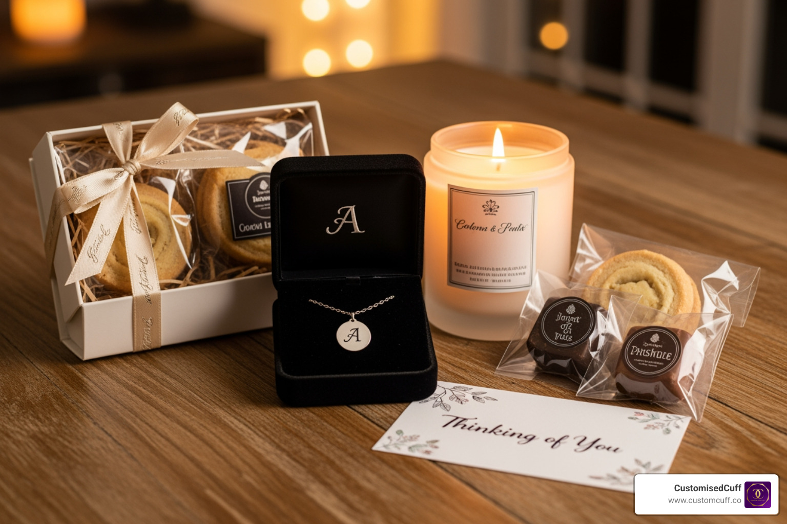 A beautifully arranged personalized gift set featuring custom jewelry, a candle, and gourmet treats from CustomisedCuff - personalized gift sets