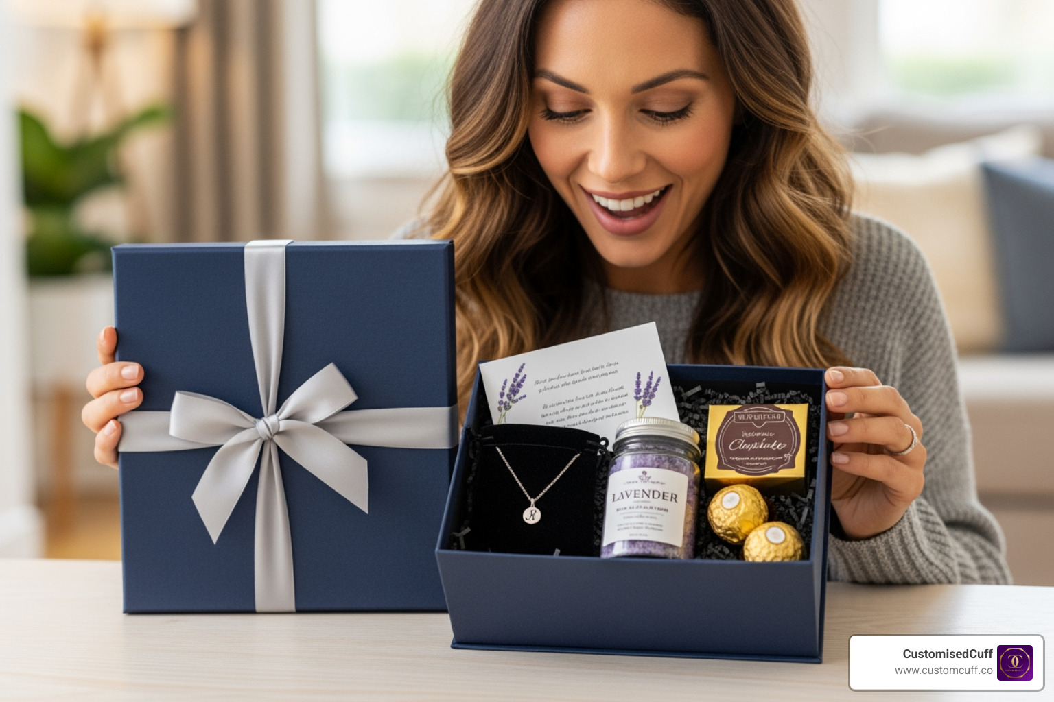A person happily unboxing a CustomisedCuff personalized gift set - personalized gift sets