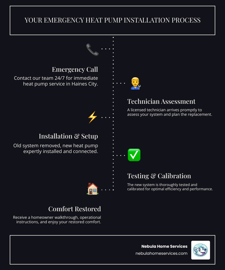 Infographic showing the emergency heat pump installation process: Step 1 - Call for emergency service 24/7, Step 2 - Technician arrives for assessment, Step 3 - Old system removal and site preparation, Step 4 - New heat pump installation and connection, Step 5 - System testing and calibration, Step 6 - Homeowner walkthrough and operation instructions - 24 hour heat pumps installations in haines city, fl infographic infographic-line-5-steps-dark Infographic showing the emergency heat pump installation process: Step 1 - Call for emergency service 24/7, Step 2 - Technician arrives for assessment, Step 3 - Old system removal and site preparation, Step 4 - New heat pump installation and connection, Step 5 - System testing and calibration, Step 6 - Homeowner walkthrough and operation instructions - 24 hour heat pumps installations in haines city, fl infographic infographic-line-5-steps-dark