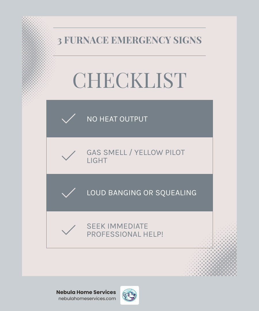 Infographic showing three critical furnace emergency signs: 1) No heat output with thermostat set correctly, 2) Gas smell or yellow pilot light indicating safety hazard, 3) Loud mechanical noises like banging or grinding - emergency furnace maintenance in winter haven, fl infographic checklist-light-blue-grey Infographic showing three critical furnace emergency signs: 1) No heat output with thermostat set correctly, 2) Gas smell or yellow pilot light indicating safety hazard, 3) Loud mechanical noises like banging or grinding - emergency furnace maintenance in winter haven, fl infographic checklist-light-blue-grey