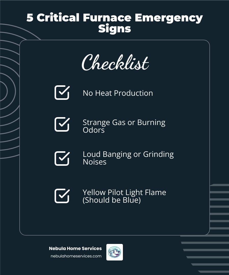 infographic showing five critical signs your furnace needs immediate emergency repair: no heat production, strange burning or gas odors, loud grinding or banging noises, yellow pilot light flame instead of blue, and frequent on-off cycling - 24 hour furnace maintenance in lakeland, fl infographic checklist-dark-blue infographic showing five critical signs your furnace needs immediate emergency repair: no heat production, strange burning or gas odors, loud grinding or banging noises, yellow pilot light flame instead of blue, and frequent on-off cycling - 24 hour furnace maintenance in lakeland, fl infographic checklist-dark-blue
