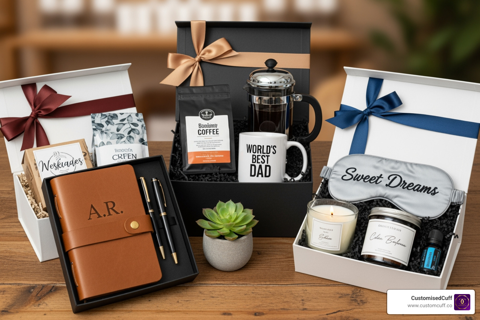 Various items that can be included in a CustomisedCuff gift set, like engraved jewelry, custom mugs, cozy blankets, and snacks - personalized gift sets
