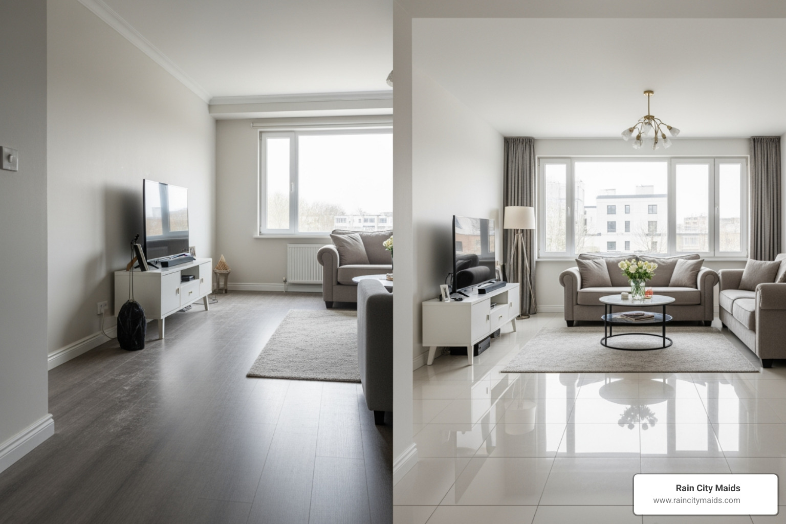 Infographic comparing standard cleaning versus deep cleaning services: Standard cleaning covers surface dusting, vacuuming floors, wiping counters, and bathroom basics. Deep cleaning adds baseboards, light fixtures, inside appliances, grout scrubbing, behind furniture, ceiling fans, and detailed sanitization - affordable deep cleaning in bellevue, wa