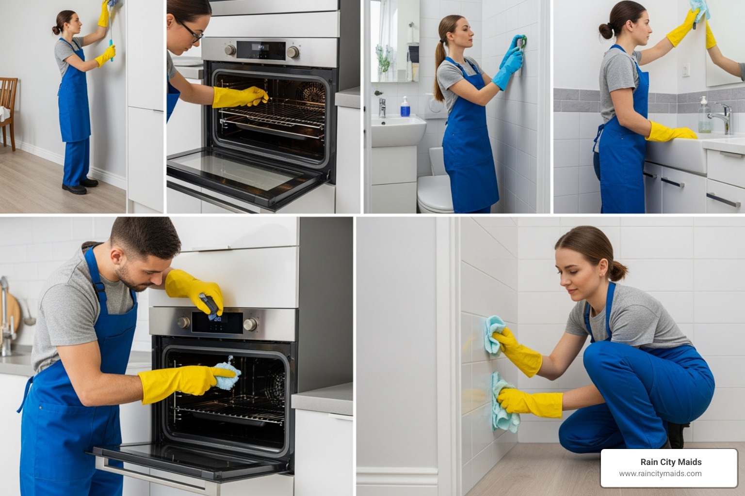 infographic showing kitchen deep cleaning checklist including inside oven, refrigerator, and cabinets; bathroom deep cleaning checklist with grout scrubbing and fixture descaling; and living area tasks like baseboard wiping and light fixture dusting - cleaning lady for deep cleaning in seattle, wa