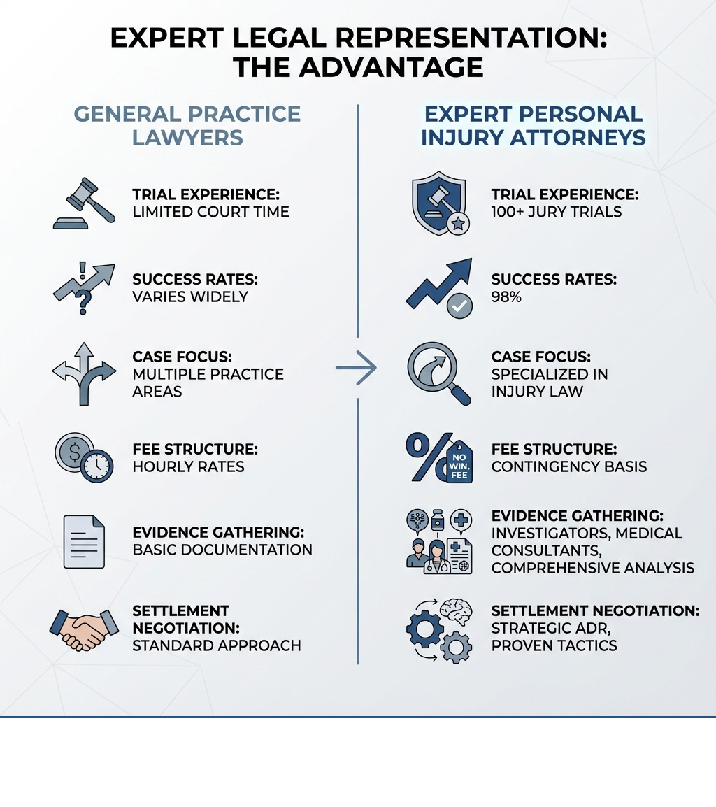 Infographic comparing general practice lawyers versus expert personal injury attorneys, showing key differences in trial experience (general: limited court time vs. expert: 100+ jury trials), success rates (general: varies widely vs. expert: 98%), case focus (general: multiple practice areas vs. expert: specialized in injury law), fee structure (general: hourly rates vs. expert: contingency basis), evidence gathering (general: basic documentation vs. expert: investigators, medical consultants, comprehensive analysis), and settlement negotiation (general: standard approach vs. expert: strategic ADR, proven tactics) - expert legal representation infographic Infographic comparing general practice lawyers versus expert personal injury attorneys, showing key differences in trial experience (general: limited court time vs. expert: 100+ jury trials), success rates (general: varies widely vs. expert: 98%), case focus (general: multiple practice areas vs. expert: specialized in injury law), fee structure (general: hourly rates vs. expert: contingency basis), evidence gathering (general: basic documentation vs. expert: investigators, medical consultants, comprehensive analysis), and settlement negotiation (general: standard approach vs. expert: strategic ADR, proven tactics) - expert legal representation infographic
