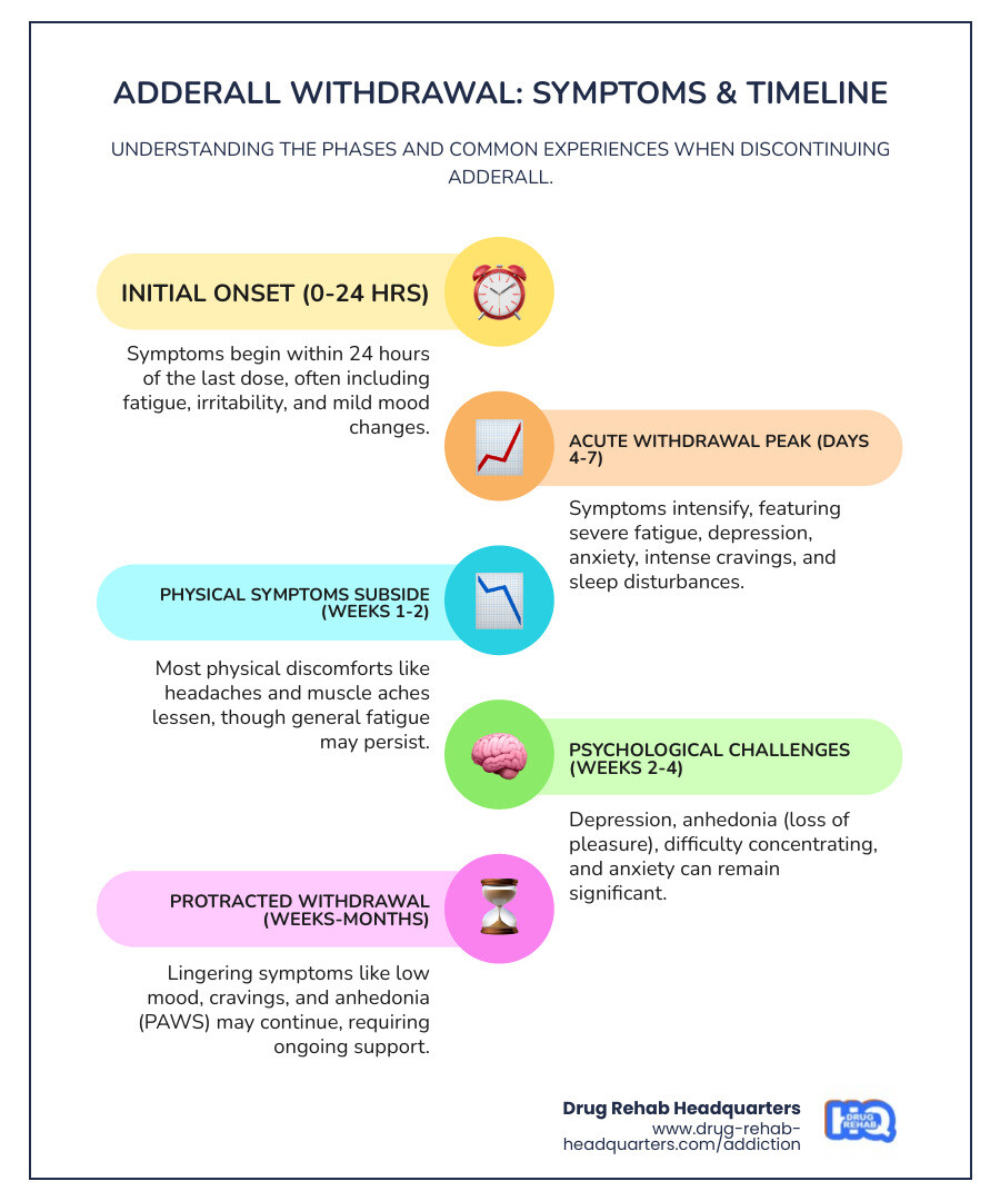 Infographic showing common Adderall withdrawal symptoms divided into two categories: Physical symptoms including fatigue, increased appetite, sleep disturbances, headaches, muscle aches, and slowed movements; Psychological symptoms including depression, anxiety, irritability, difficulty concentrating, anhedonia, intense cravings, and vivid nightmares. Timeline shows symptoms begin within 24 hours, peak at days 4-7, and can last weeks to months - adderall withdrawal symptoms infographic Infographic showing common Adderall withdrawal symptoms divided into two categories: Physical symptoms including fatigue, increased appetite, sleep disturbances, headaches, muscle aches, and slowed movements; Psychological symptoms including depression, anxiety, irritability, difficulty concentrating, anhedonia, intense cravings, and vivid nightmares. Timeline shows symptoms begin within 24 hours, peak at days 4-7, and can last weeks to months - adderall withdrawal symptoms infographic
