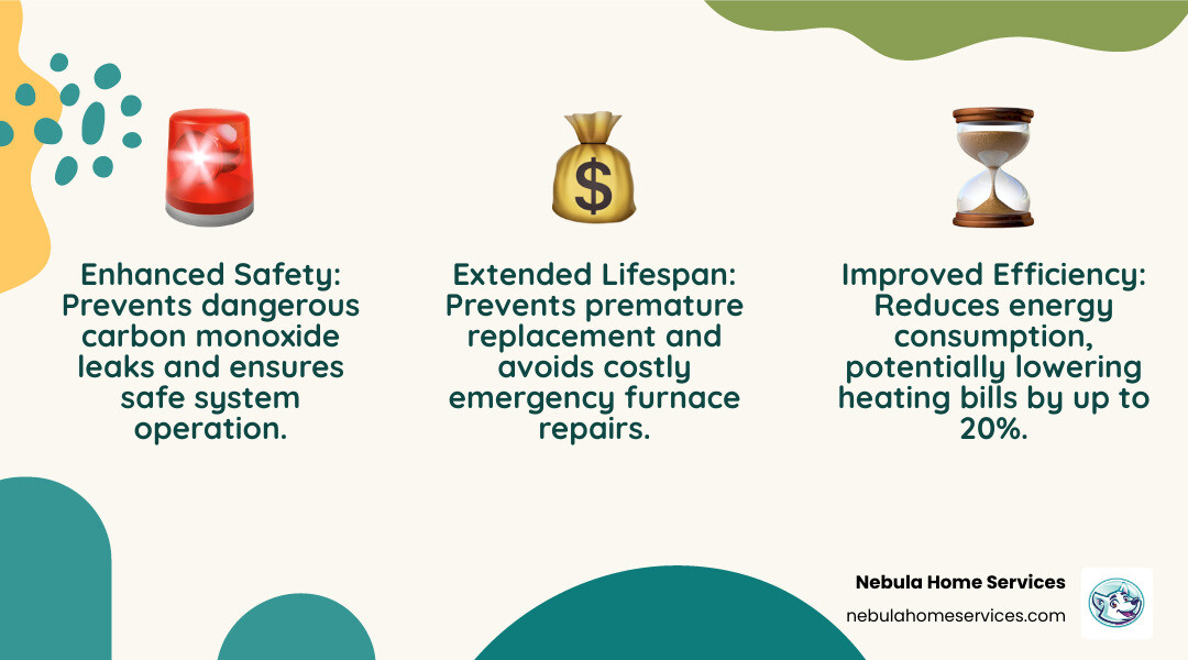 infographic showing three main benefits of furnace maintenance: enhanced safety with carbon monoxide detection, improved efficiency reducing energy bills by up to 20 percent, and extended equipment lifespan preventing premature replacement - furnace maintenance winter haven fl infographic 3_facts_emoji_nature infographic showing three main benefits of furnace maintenance: enhanced safety with carbon monoxide detection, improved efficiency reducing energy bills by up to 20 percent, and extended equipment lifespan preventing premature replacement - furnace maintenance winter haven fl infographic 3_facts_emoji_nature