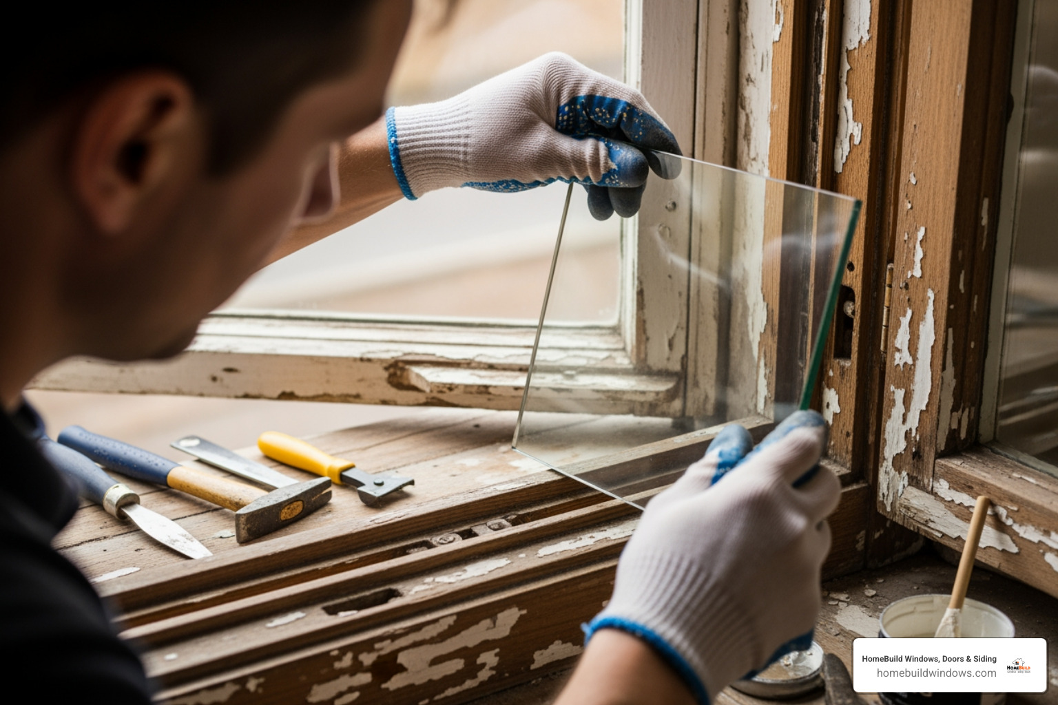 professional window technician working on old sash window - replacing glass in old sash windows