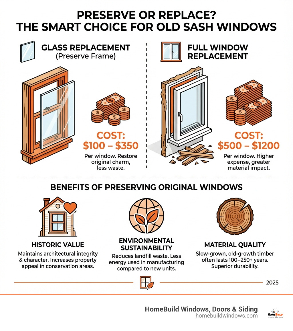 infographic showing cost comparison between glass replacement ($100-350) and full window replacement ($500-1200), plus benefits of preserving original windows including historic value, environmental sustainability, and material quality - replacing glass in old sash windows infographic 