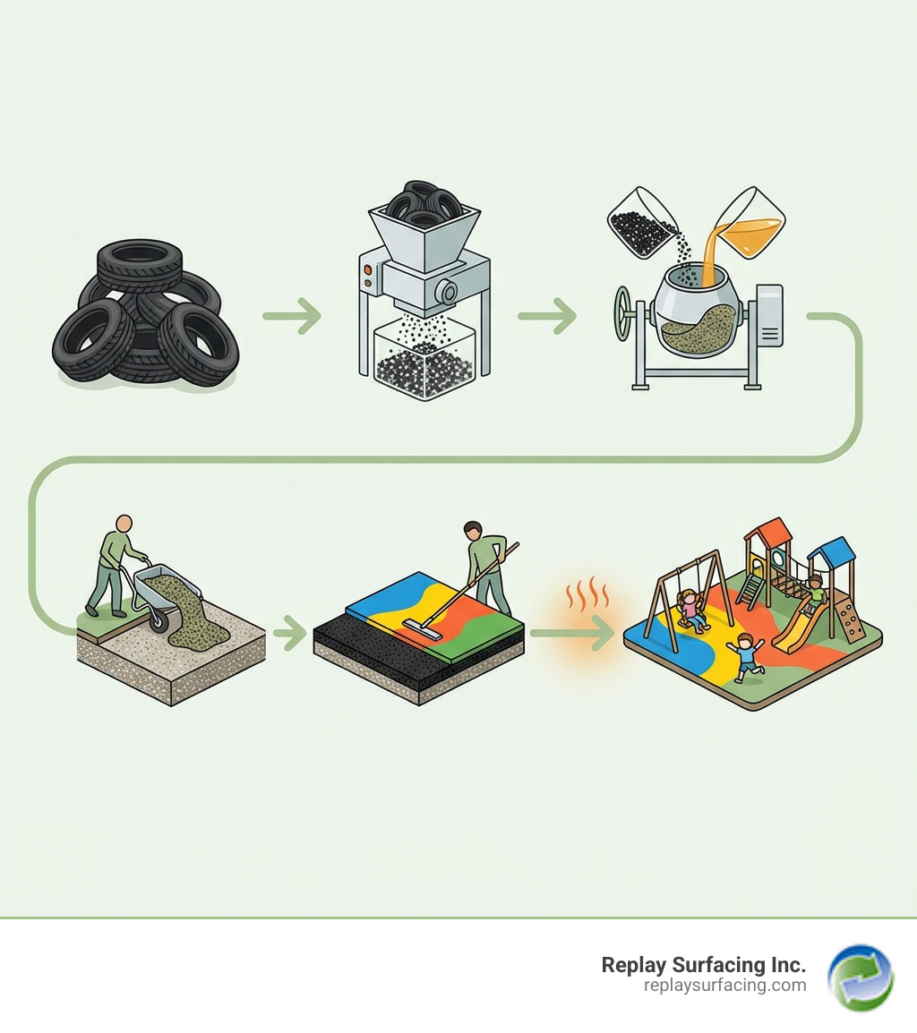 Detailed infographic showing the complete journey of rubber crumb surfacing: starting with scrap tires being collected and shredded into crumb rubber, then mixed with polyurethane binder, poured onto a prepared sub-base, troweled smooth into a two-layer system with shock pad base and colored EPDM top layer, and finally cured into a finished playground or sports surface with children playing safely - rubber crumb surfacing infographic Detailed infographic showing the complete journey of rubber crumb surfacing: starting with scrap tires being collected and shredded into crumb rubber, then mixed with polyurethane binder, poured onto a prepared sub-base, troweled smooth into a two-layer system with shock pad base and colored EPDM top layer, and finally cured into a finished playground or sports surface with children playing safely - rubber crumb surfacing infographic
