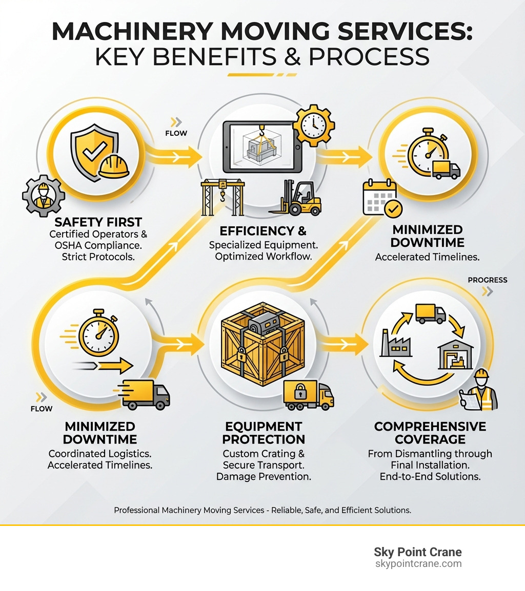 infographic showing machinery moving services benefits including safety protocols with certified operators and OSHA compliance, efficiency through 3D lift planning and specialized equipment, minimized downtime via coordinated logistics, equipment protection using custom crating and secure transport, and comprehensive coverage from dismantling through final installation - Machinery moving services infographic infographic showing machinery moving services benefits including safety protocols with certified operators and OSHA compliance, efficiency through 3D lift planning and specialized equipment, minimized downtime via coordinated logistics, equipment protection using custom crating and secure transport, and comprehensive coverage from dismantling through final installation - Machinery moving services infographic