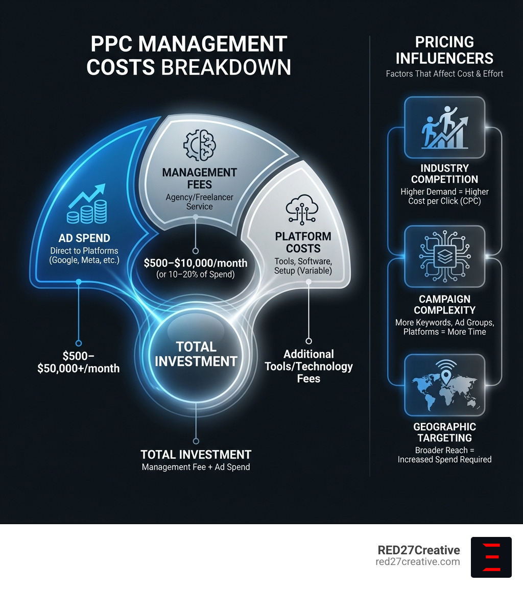 Infographic showing the breakdown of PPC management costs including ad spend, management fees, platform costs, and factors that influence pricing such as industry competition, campaign complexity, and geographic targeting - PPC management cost infographic Infographic showing the breakdown of PPC management costs including ad spend, management fees, platform costs, and factors that influence pricing such as industry competition, campaign complexity, and geographic targeting - PPC management cost infographic