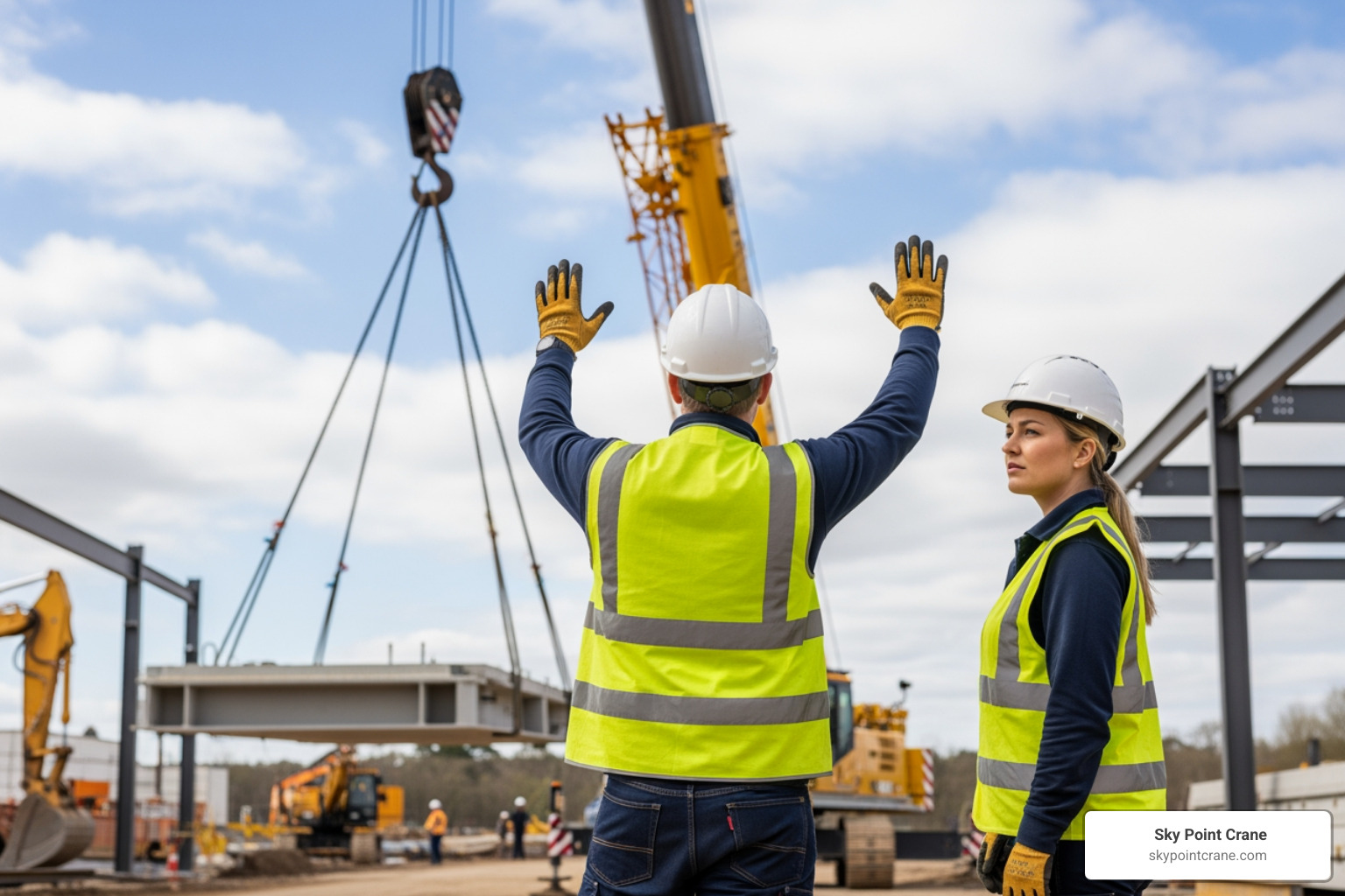 riggers using safety gear and hand signals for a heavy lift - Machinery moving services riggers using safety gear and hand signals for a heavy lift - Machinery moving services