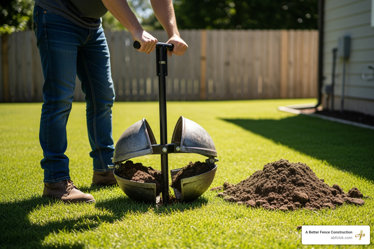 Person using a post-hole digger in a yard - fence panel installation Person using a post-hole digger in a yard - fence panel installation