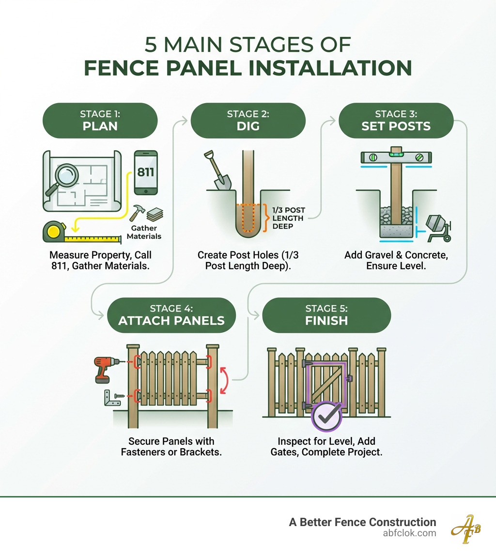 Infographic showing the 5 main stages of fence panel installation: Stage 1 Plan (measure property, call 811, gather materials), Stage 2 Dig (create post holes 1/3 post length deep), Stage 3 Set Posts (add gravel and concrete, ensure level), Stage 4 Attach Panels (secure panels with fasteners or brackets), Stage 5 Finish (inspect for level, add gates, complete project) - fence panel installation infographic Infographic showing the 5 main stages of fence panel installation: Stage 1 Plan (measure property, call 811, gather materials), Stage 2 Dig (create post holes 1/3 post length deep), Stage 3 Set Posts (add gravel and concrete, ensure level), Stage 4 Attach Panels (secure panels with fasteners or brackets), Stage 5 Finish (inspect for level, add gates, complete project) - fence panel installation infographic