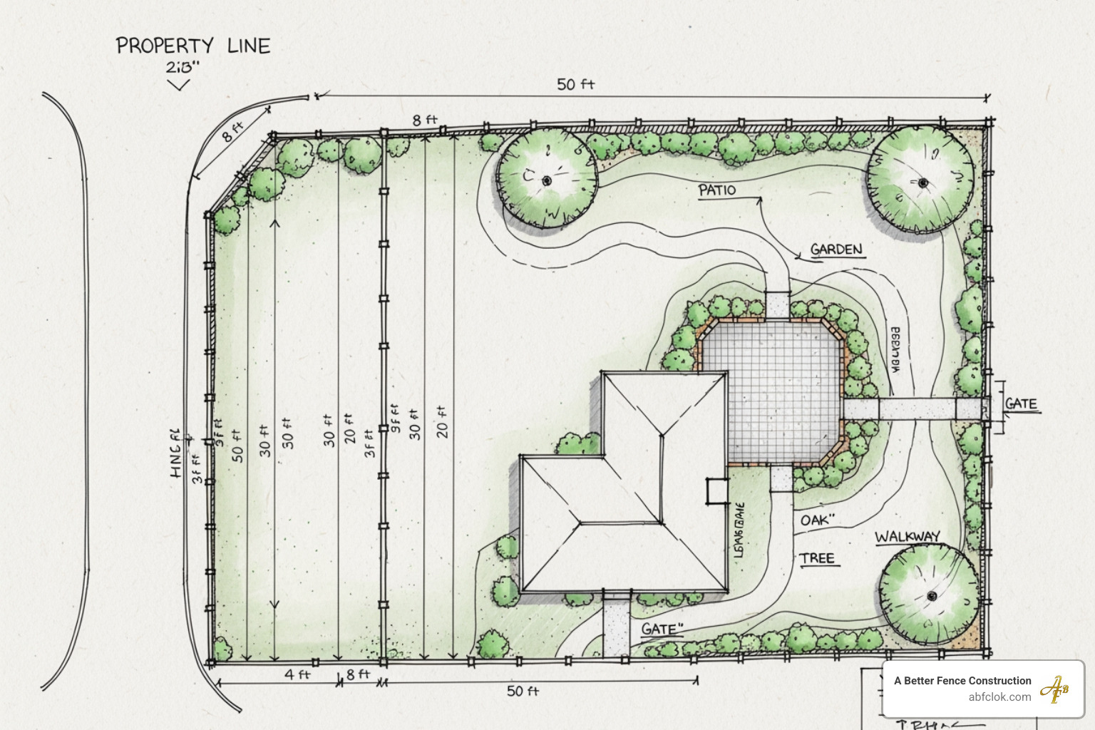 Hand-drawn yard sketch with fence lines and measurements - fence panel installation Hand-drawn yard sketch with fence lines and measurements - fence panel installation