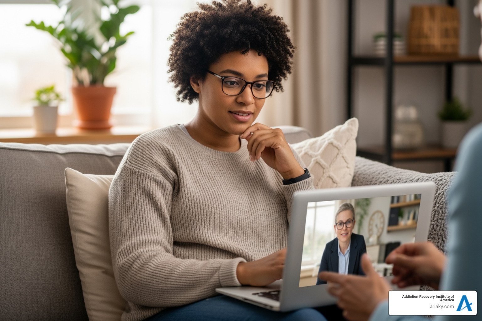 a person attending a virtual therapy session on a laptop - is outpatient addiction treatment effective a person attending a virtual therapy session on a laptop - is outpatient addiction treatment effective