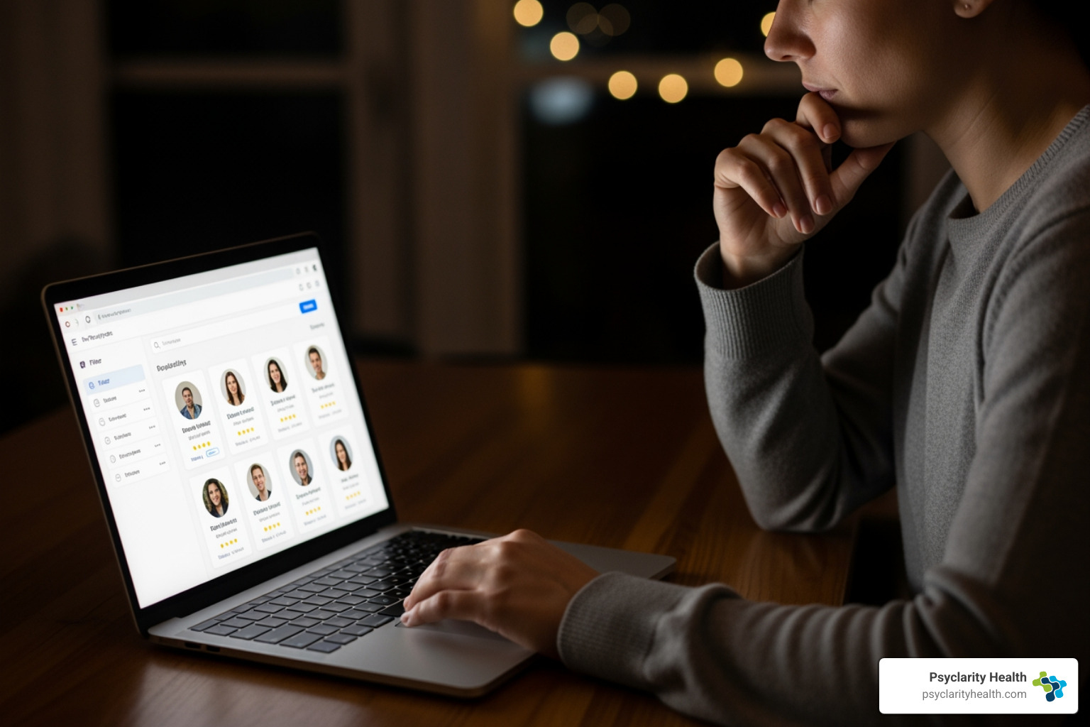 Person thoughtfully browsing an online therapist directory on a laptop - find trauma therapist