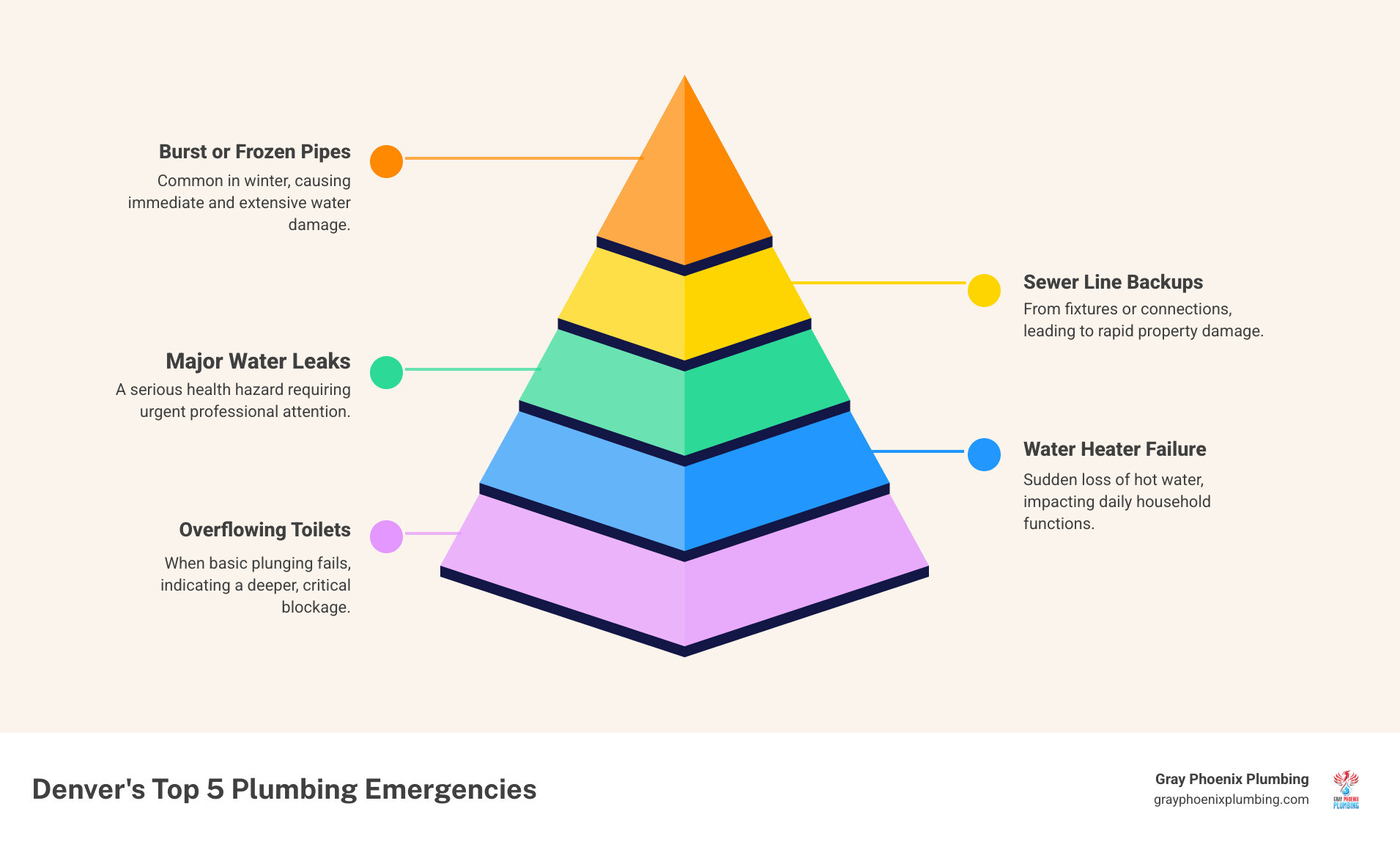 Infographic showing the top 5 most common plumbing emergencies in Denver: 1. Burst or frozen pipes (especially in winter), 2. Sewer line backups causing health hazards, 3. Major water leaks from failed fixtures or connections, 4. Complete water heater failure leaving homes without hot water, 5. Overflowing toilets that cannot be cleared with basic plunging - denver 24 hour plumber infographic pyramid-hierarchy-5-steps