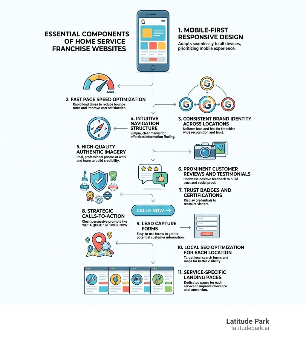 Infographic showing the essential components of home service franchise websites: mobile-first responsive design at the top, followed by fast page speed optimization, consistent brand identity across locations, intuitive navigation structure, high-quality authentic imagery, prominent customer reviews and testimonials, trust badges and certifications, strategic calls-to-action, lead capture forms, local SEO optimization for each location, and service-specific landing pages - home service franchise website designs infographic 