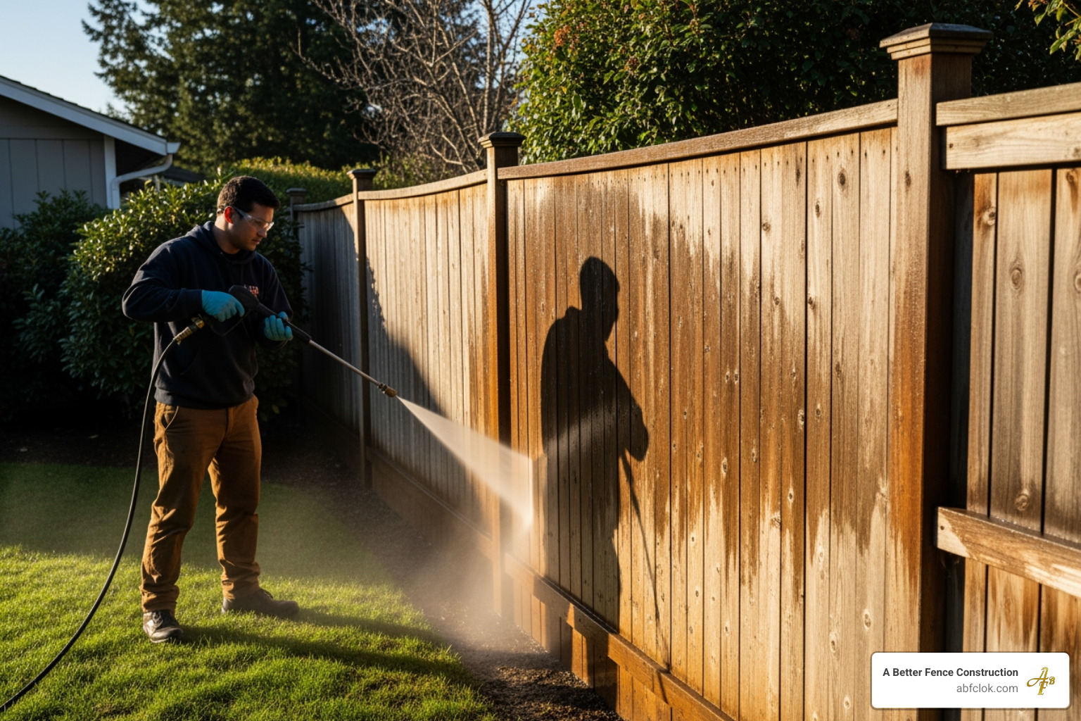 person carefully pressure washing a wooden fence - Fence maintenance tips person carefully pressure washing a wooden fence - Fence maintenance tips
