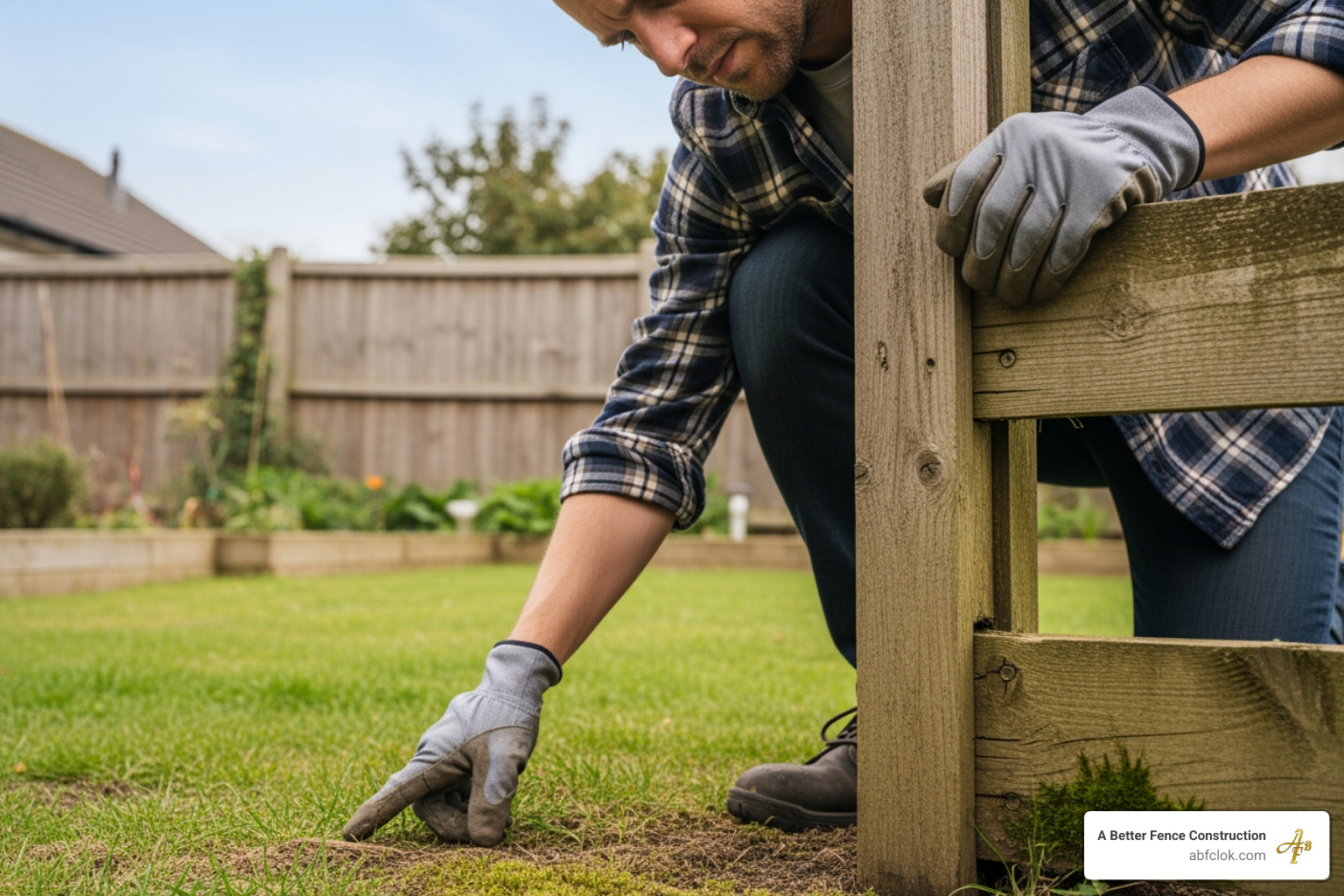 person inspecting a fence post for stability - Fence maintenance tips person inspecting a fence post for stability - Fence maintenance tips