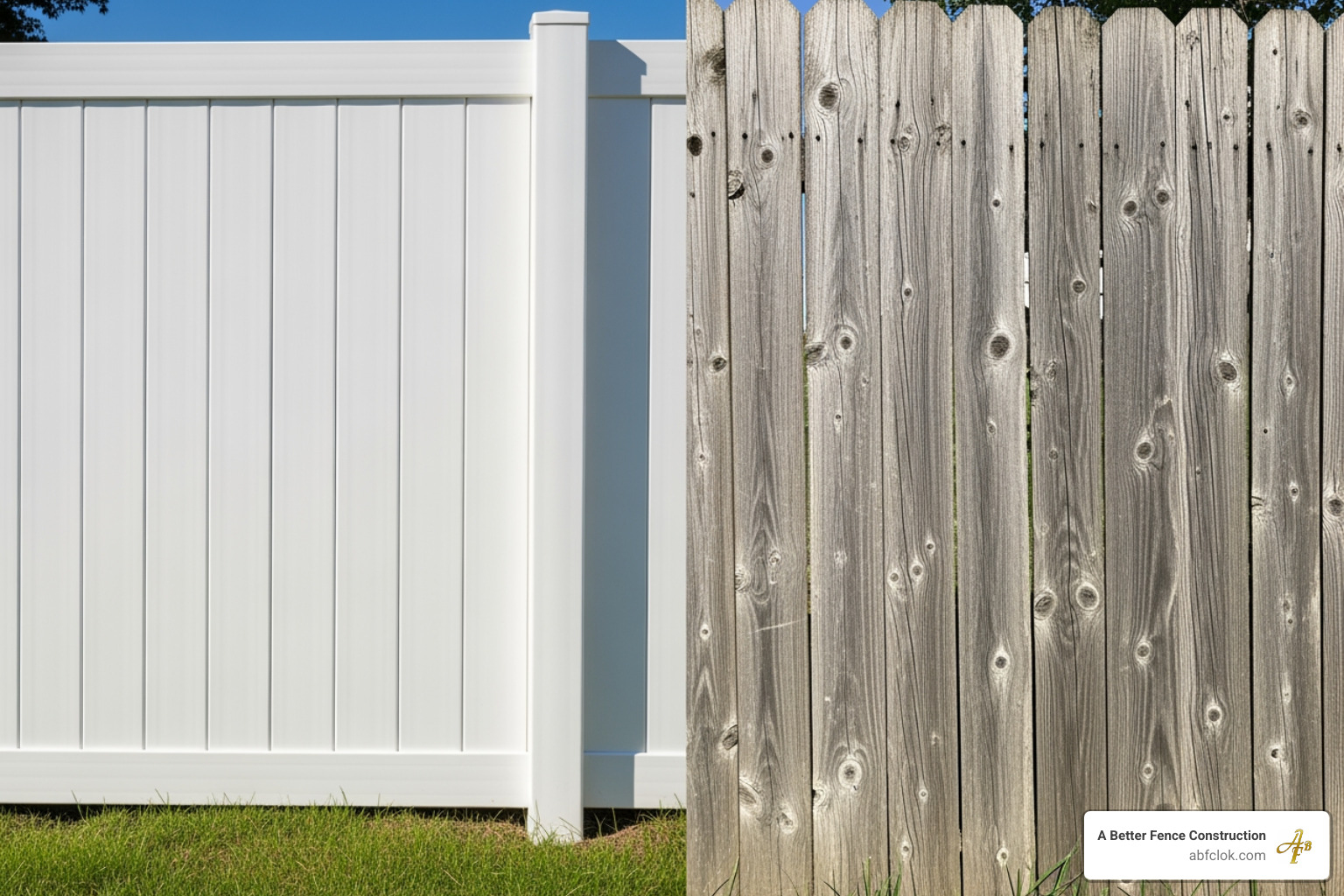 A pristine white vinyl fence panel stands tall and straight, contrasting sharply with a weathered, gray, and slightly warped wooden fence panel next to it, highlighting the difference in longevity and maintenance. - Vinyl privacy fence A pristine white vinyl fence panel stands tall and straight, contrasting sharply with a weathered, gray, and slightly warped wooden fence panel next to it, highlighting the difference in longevity and maintenance. - Vinyl privacy fence