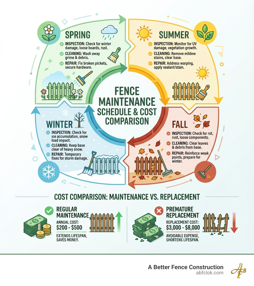 infographic showing fence maintenance schedule by season with inspection points, cleaning tasks, and repair priorities for spring, summer, fall, and winter, including cost comparison between regular maintenance ($200-500 annually) versus premature replacement ($3,000-8,000) - Fence maintenance tips infographic infographic showing fence maintenance schedule by season with inspection points, cleaning tasks, and repair priorities for spring, summer, fall, and winter, including cost comparison between regular maintenance ($200-500 annually) versus premature replacement ($3,000-8,000) - Fence maintenance tips infographic