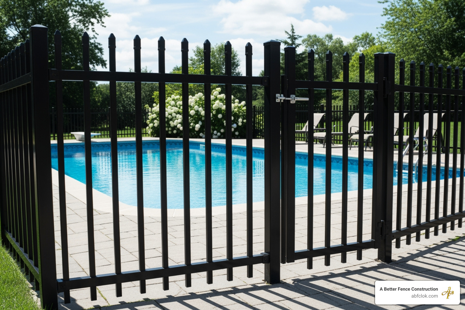 Secure black aluminum pool fence meeting safety codes around a residential pool. - aluminum fence installers Secure black aluminum pool fence meeting safety codes around a residential pool. - aluminum fence installers