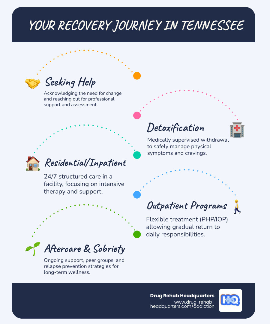 Infographic showing the recovery journey from initial crisis through detox, residential treatment, outpatient care, aftercare planning, and long-term sobriety support, with Tennessee-specific resources including REDLINE and TDMHSAS helpline numbers at each stage - drug treatment centers in tennessee infographic infographic-line-5-steps-blues-accent_colors