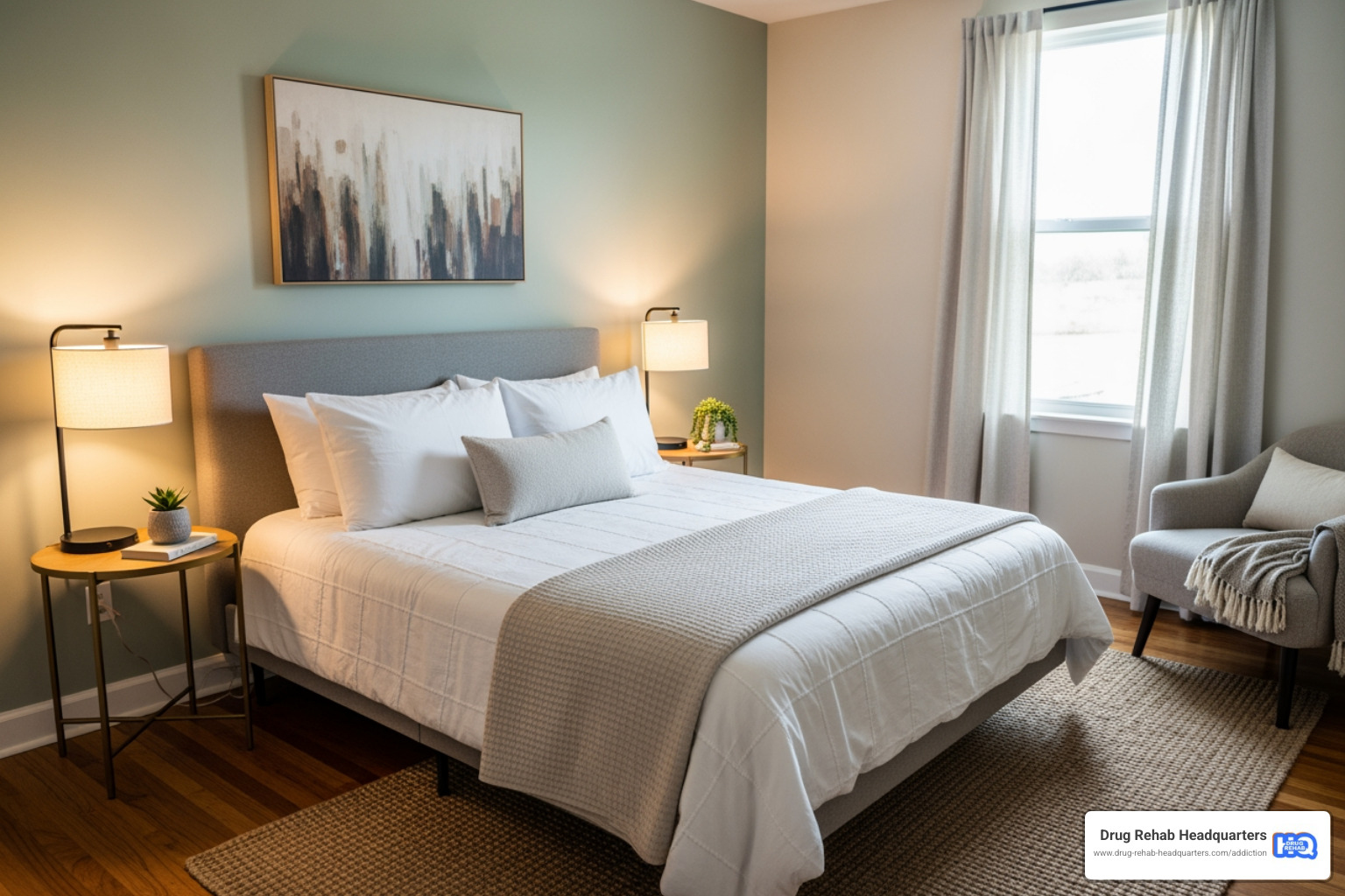 A serene and elegantly designed private room within a residential treatment facility, featuring a comfortable bed, soft lighting, and minimal decor, suggesting a peaceful environment conducive to healing. - drug treatment centers in tennessee