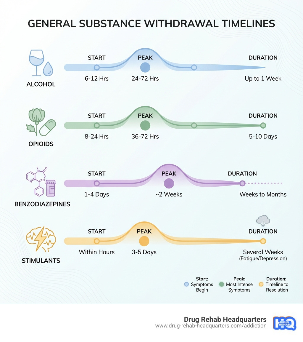 Infographic showing the general timeline of withdrawal from common substances: Alcohol withdrawal symptoms begin 6-12 hours after last drink, peak at 24-72 hours, and can last up to a week; Opioid withdrawal starts 8-24 hours after last use, peaks at 36-72 hours, and typically resolves within 5-10 days; Benzodiazepine withdrawal begins 1-4 days after stopping, can peak at 2 weeks, and may last several weeks to months; Stimulant withdrawal starts within hours, peaks at 3-5 days, and can involve fatigue and depression for several weeks - drug detox nashville tn infographic 