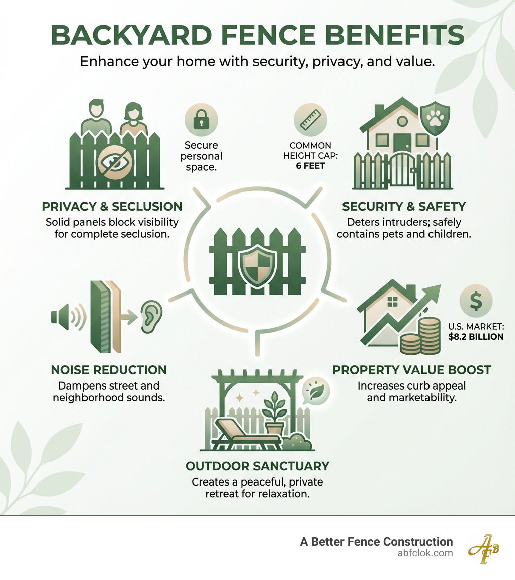 infographic showing benefits of backyard fences including privacy, security, noise reduction, property value increase, and creating outdoor sanctuary with statistics and icons - Backyard fence ideas infographic infographic showing benefits of backyard fences including privacy, security, noise reduction, property value increase, and creating outdoor sanctuary with statistics and icons - Backyard fence ideas infographic