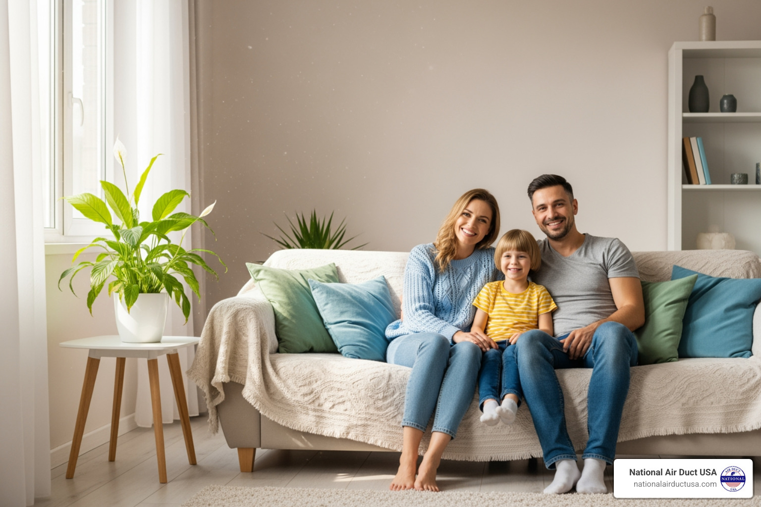 family breathing easily in a fresh-looking room - air duct cleaning suffolk county