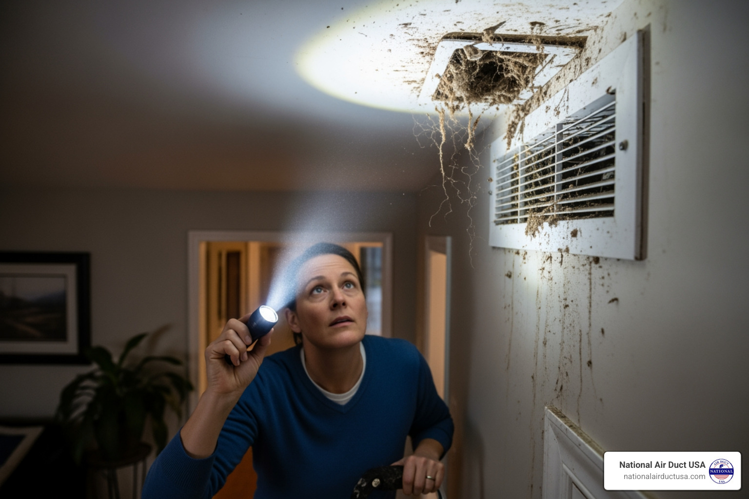 homeowner inspecting a dusty air vent - air duct cleaning suffolk county