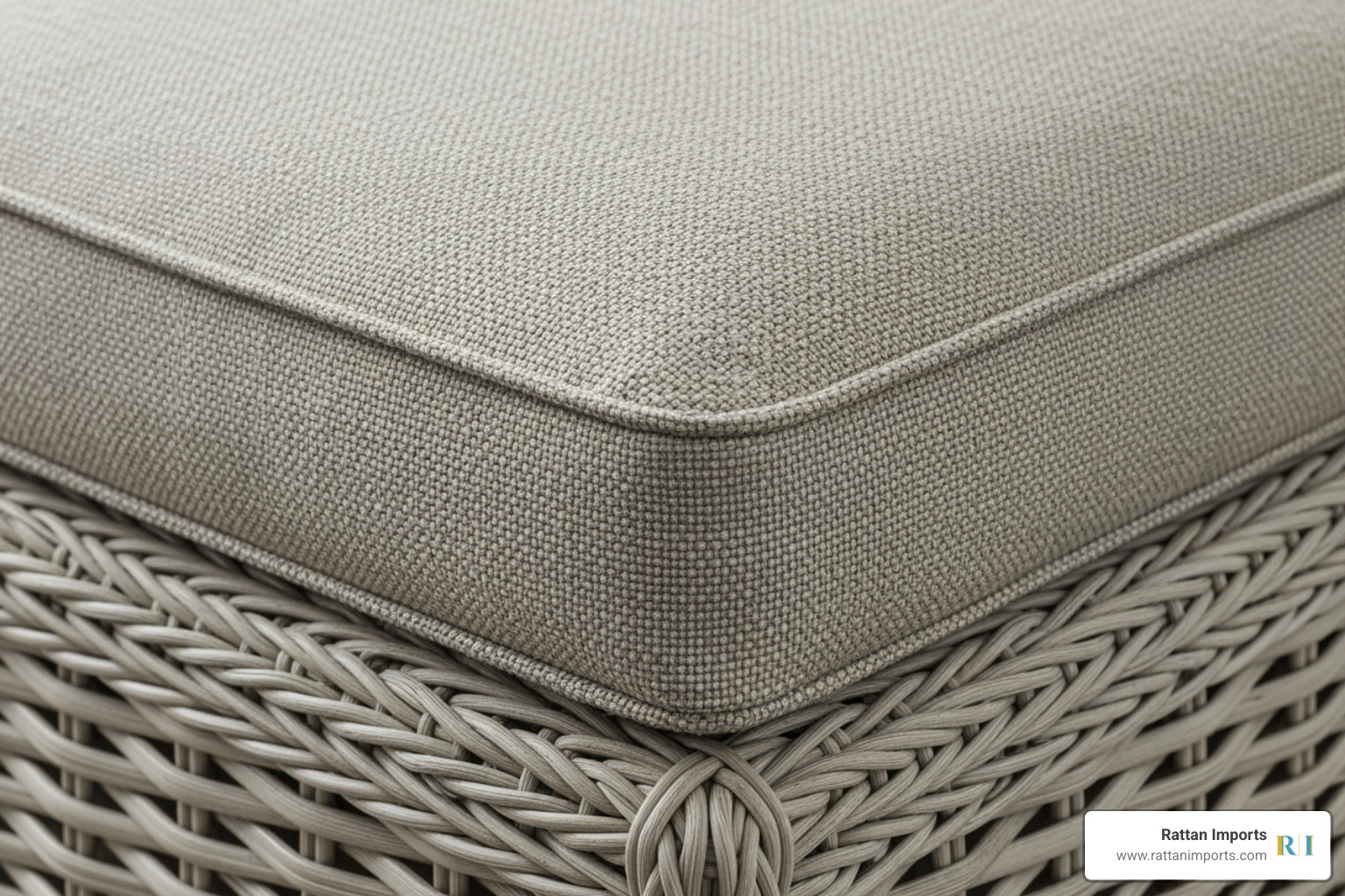 Close-up shot showing the intricate weave of a Lloyd Loom ottoman and the texture of the cushion fabric. - lloyd flanders ottoman