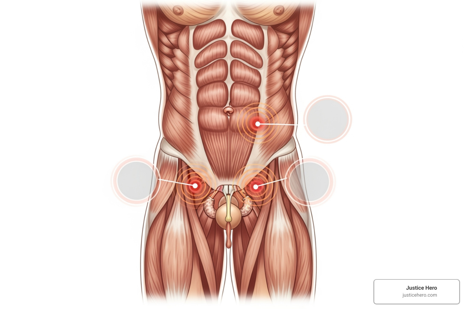 Diagram highlighting areas of the body where hernia mesh pain can occur, including the abdomen, groin, and testicles - hernia mesh problems