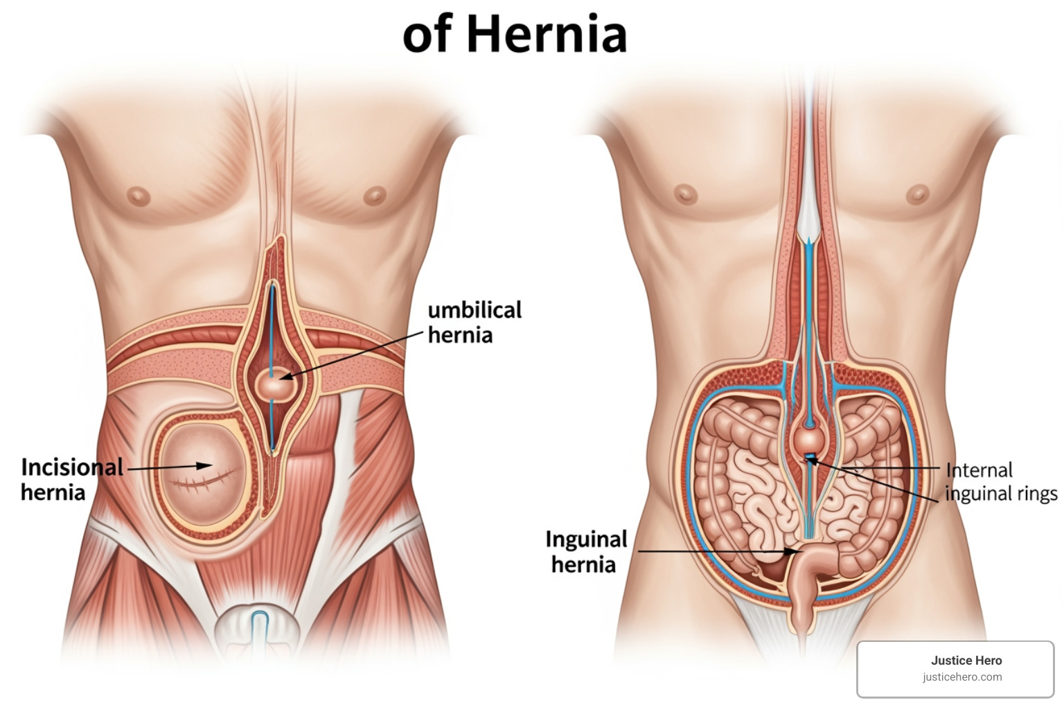 Diagram showing different types of hernias: inguinal, umbilical, incisional - hernia mesh problems