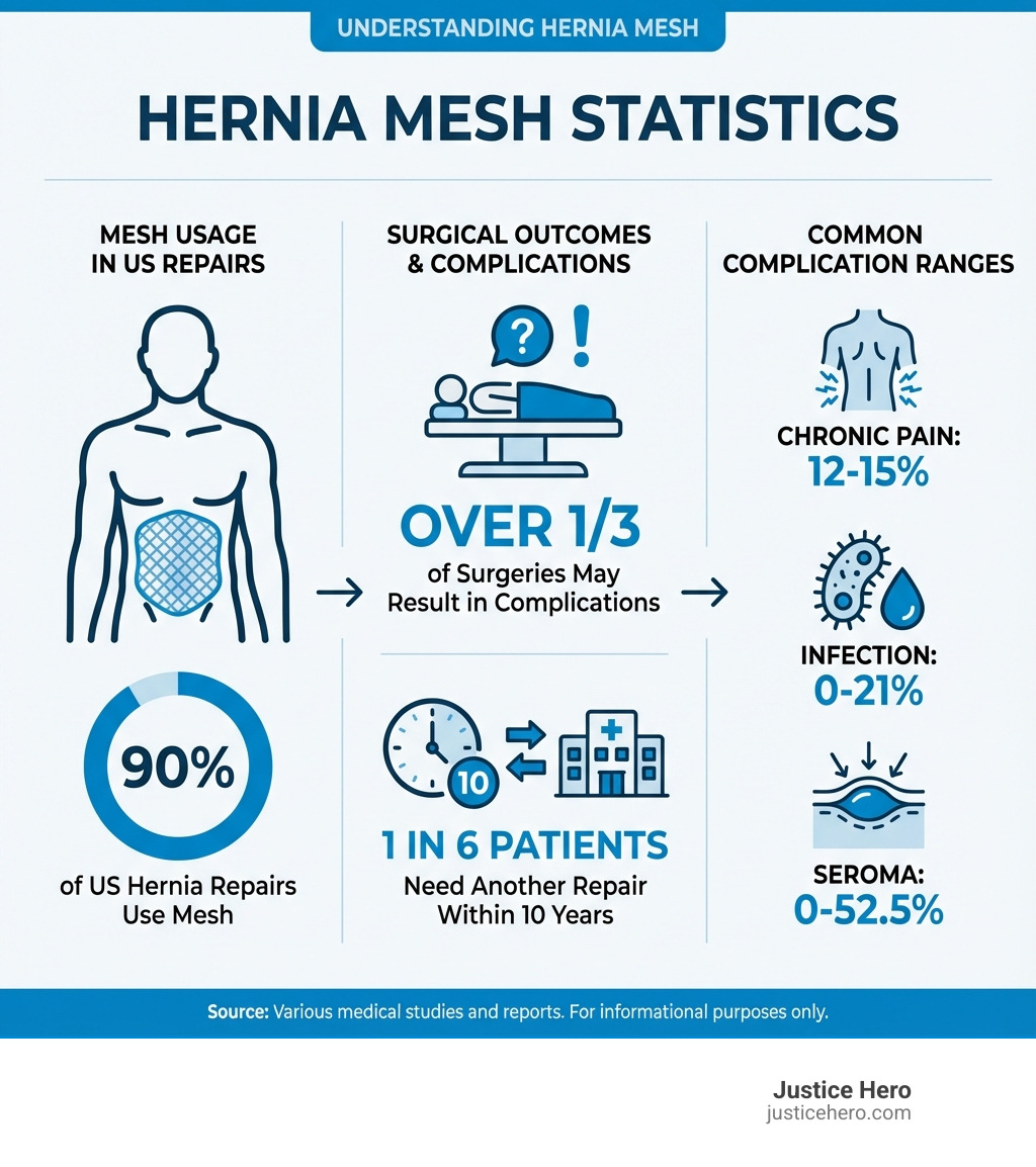 Infographic showing hernia mesh statistics: 90% of US hernia repairs use mesh, over one-third of surgeries may result in complications, 1 in 6 patients need another repair within 10 years, complications include chronic pain (12-15%), infection (0-21%), and seroma (0-52.5%) - hernia mesh problems infographic 