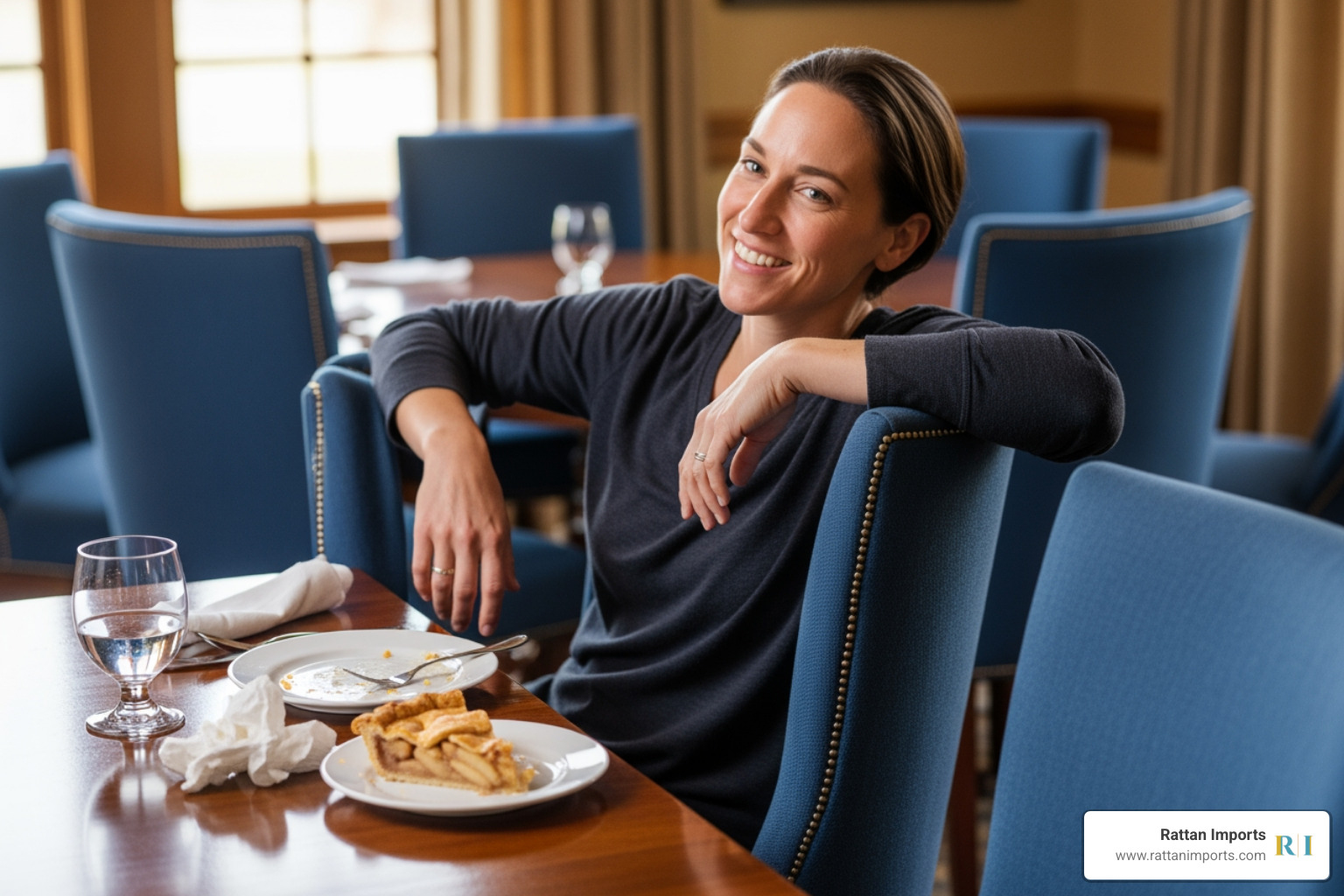 A person comfortably seated in a blue upholstered dining chair with arms, relaxing after a meal - blue upholstered dining chairs with arms