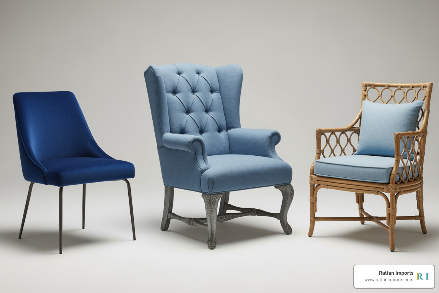 A lineup showcasing three different styles of blue upholstered dining chairs with arms (e.g., a modern velvet, a traditional linen, a coastal rattan) - blue upholstered dining chairs with arms
