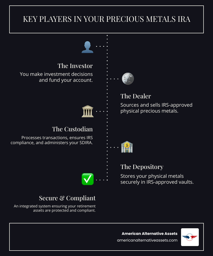 Infographic showing the four key parties in a Precious Metals IRA transaction: The Investor (makes investment decisions and funds the account), The Precious Metals Dealer (sources and sells physical metals), The Custodian (processes transactions and ensures IRS compliance), and The Depository (stores physical metals in secure vaults). Arrows connect each party showing the flow of funds, metals, and documentation. - precious metals IRA custodian infographic infographic-line-5-steps-dark