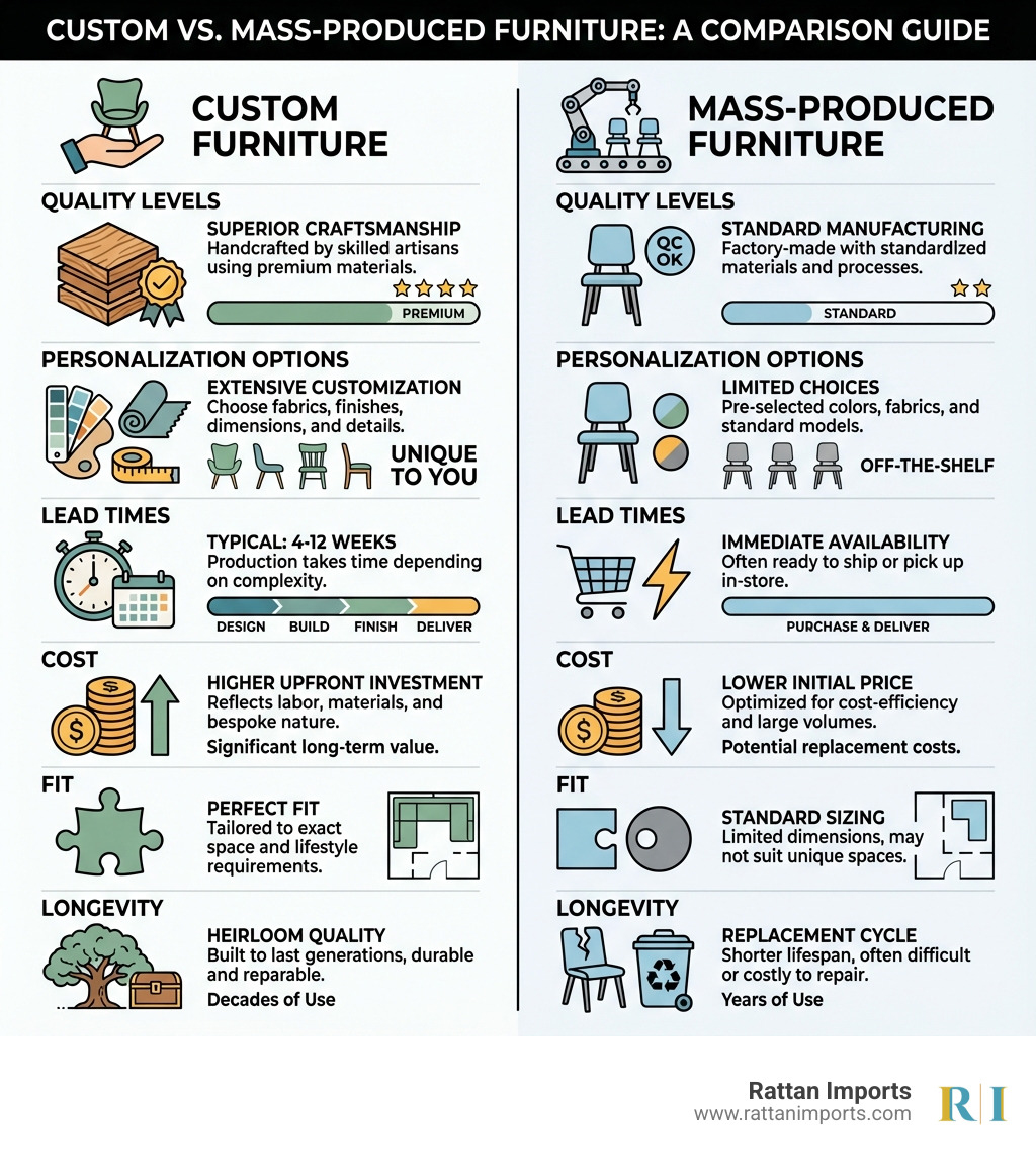 infographic comparing custom versus mass-produced furniture showing quality levels, personalization options, typical lead times of 4-12 weeks for custom versus immediate availability for mass-produced, higher upfront costs versus lower initial prices, perfect fit versus standard sizing, and heirloom quality versus replacement cycle - Custom home furnishings infographic infographic comparing custom versus mass-produced furniture showing quality levels, personalization options, typical lead times of 4-12 weeks for custom versus immediate availability for mass-produced, higher upfront costs versus lower initial prices, perfect fit versus standard sizing, and heirloom quality versus replacement cycle - Custom home furnishings infographic