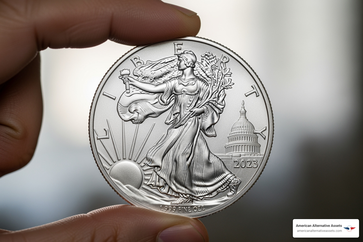 of a hand holding a silver American Eagle coin - Silver bullion investment
