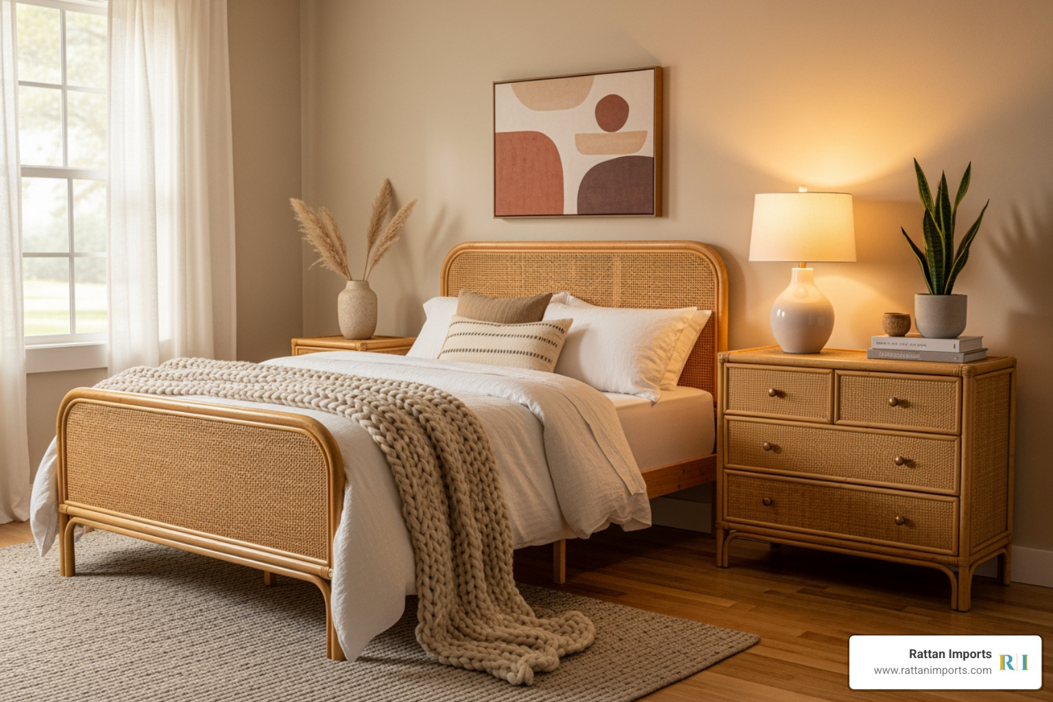 stylish rattan bedroom set including a bed, dresser, and nightstand - Rattan bedroom furniture