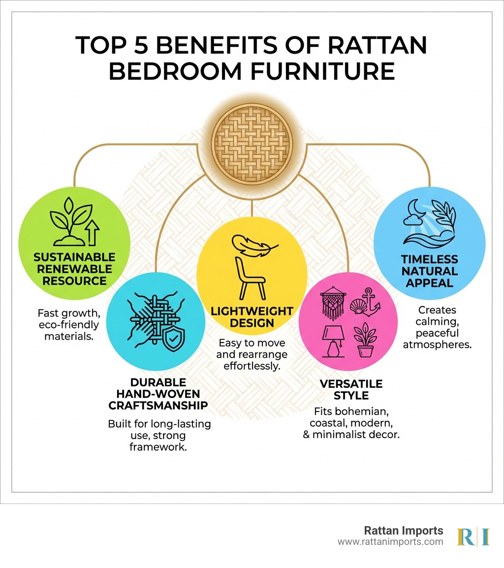 infographic showing the top 5 benefits of rattan bedroom furniture: sustainable renewable resource with fast growth, durable hand-woven craftsmanship for long-lasting use, lightweight design that's easy to move and rearrange, versatile style that fits bohemian coastal modern and minimalist decor, and timeless natural appeal that creates calming peaceful atmospheres - Rattan bedroom furniture infographic 
