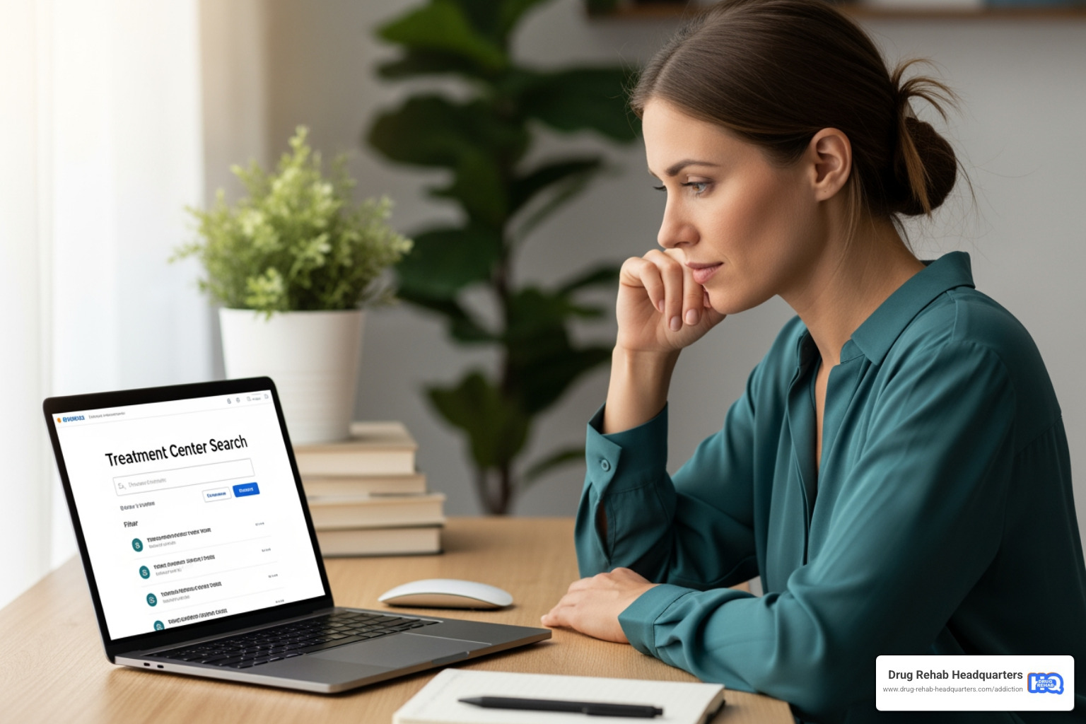 person thoughtfully looking at a laptop screen showing a treatment center search page - Rehab Centers in Pennsylvania