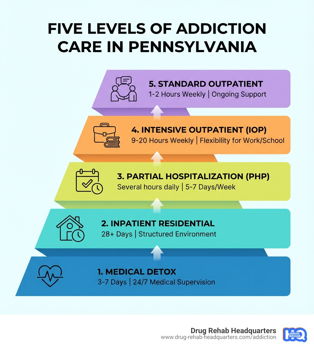 Infographic showing the five levels of addiction care in Pennsylvania: Medical Detox (3-7 days, 24/7 medical supervision), Inpatient Residential (28+ days, structured environment), Partial Hospitalization/PHP (several hours daily, 5-7 days/week), Intensive Outpatient/IOP (9-20 hours weekly, flexibility for work/school), and Standard Outpatient (1-2 hours weekly, ongoing support). Each level includes average duration and key features. - Rehab Centers in Pennsylvania infographic pyramid-hierarchy-5-steps