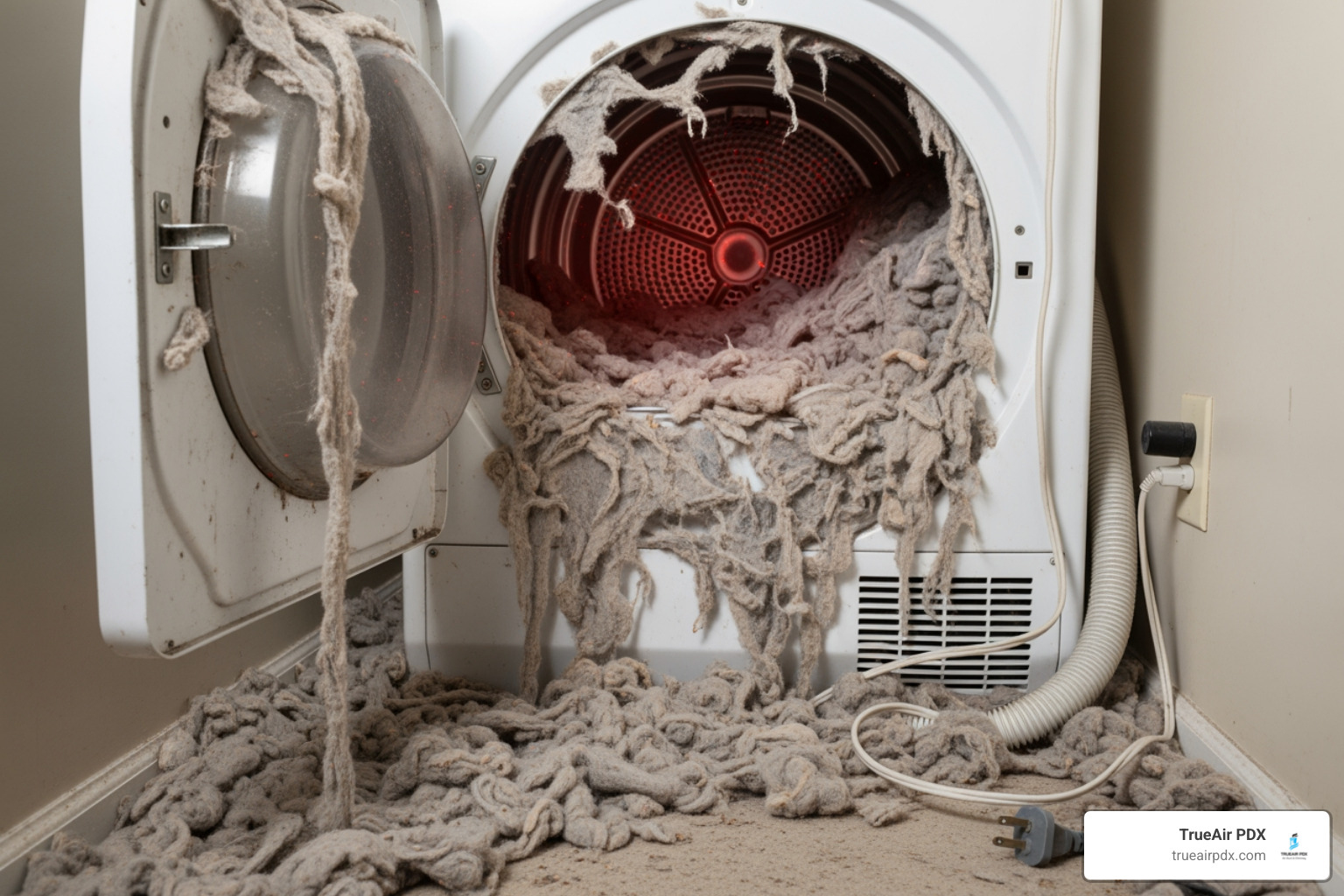 excessive lint buildup behind a dryer - dryer vent cleaning Beaverton