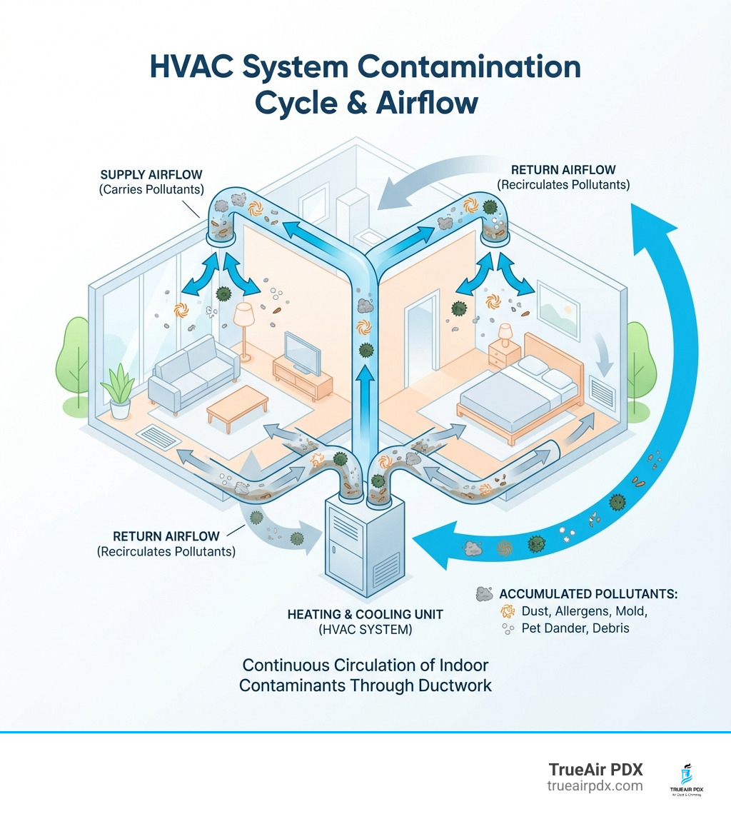 infographic showing how dust, allergens, mold, pet dander, and debris accumulate in air ducts and circulate through a home's HVAC system, with arrows indicating airflow from ducts through vents into living spaces and back through return vents - air conditioning duct cleaning portland infographic 